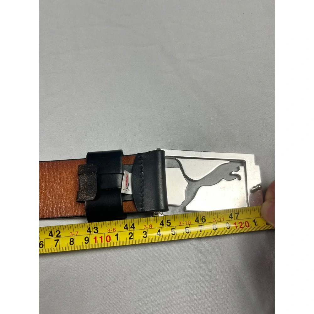 Puma Mens Black Genuine Leather Belt Silver Cutout Cat Logo Buckle Size L 100cm